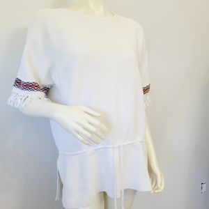 Tory Burch Cotton indie embroidered tassle sleeves tie waist heavy weight top LG